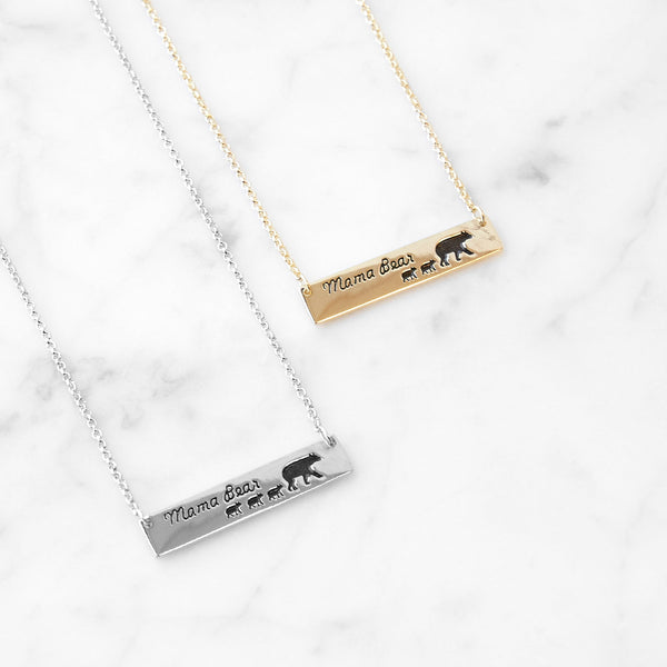 Mama Bear and Baby Cub Silver Name Bar Necklace - Clearance Final Sale