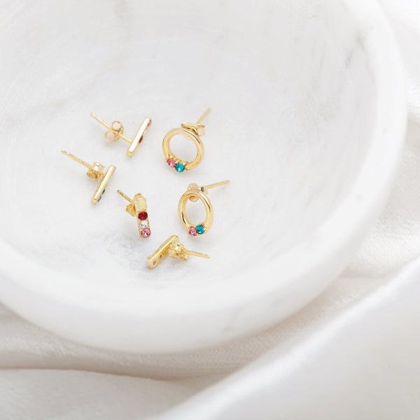 3 Stone Gold Bar Birthstone Earrings