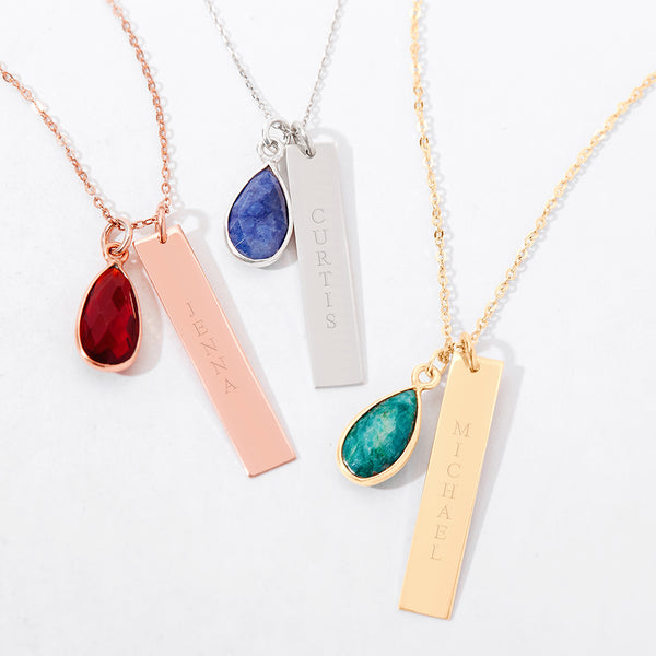 Vertical Gold Name Bar Necklace with Custom Birthstone