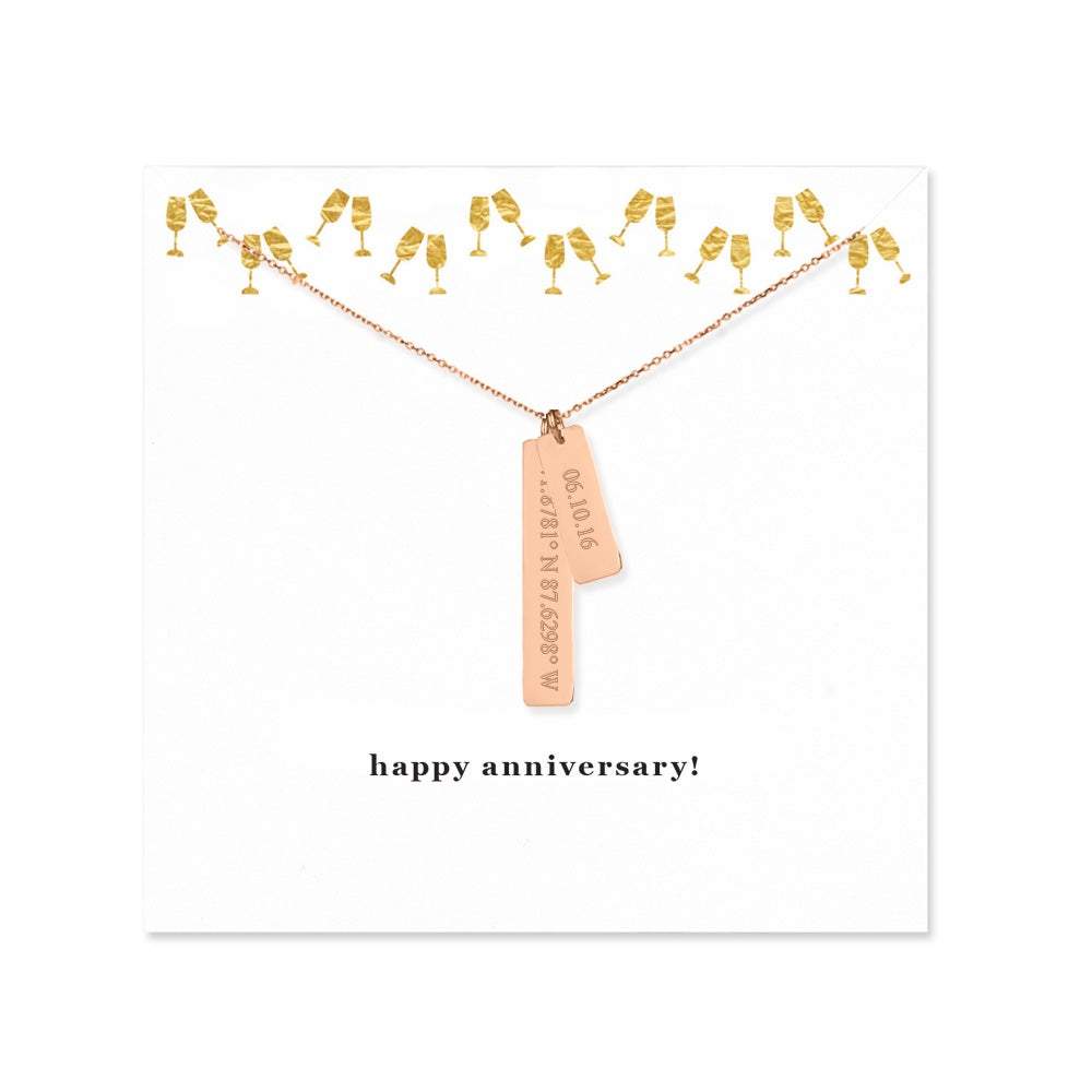 Happy Anniversary Custom Coordinate and Date Vertical Rose Gold Bar Necklace