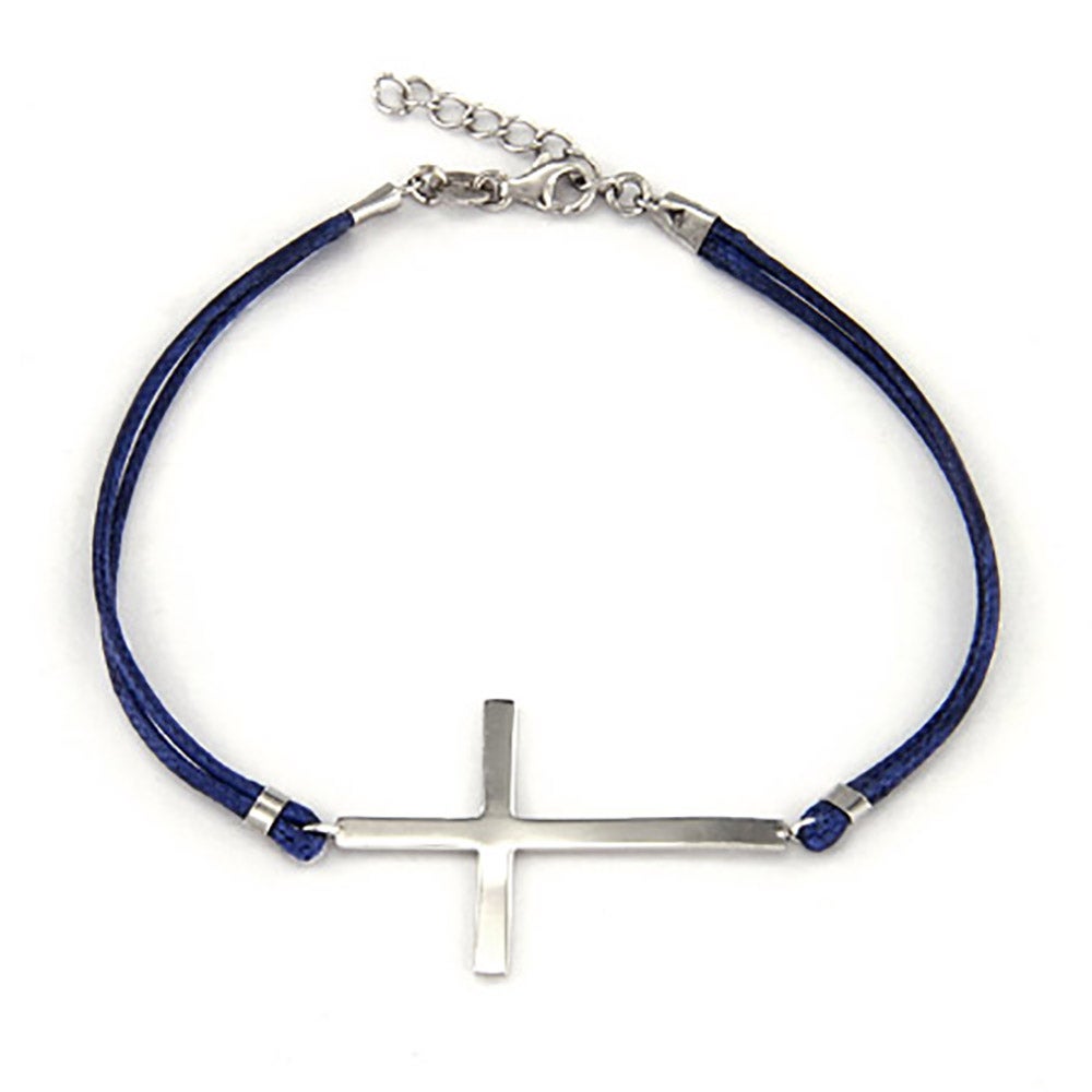 Sterling Silver Sideways Cross Bracelet on Blue Cord - Clearance Final Sale