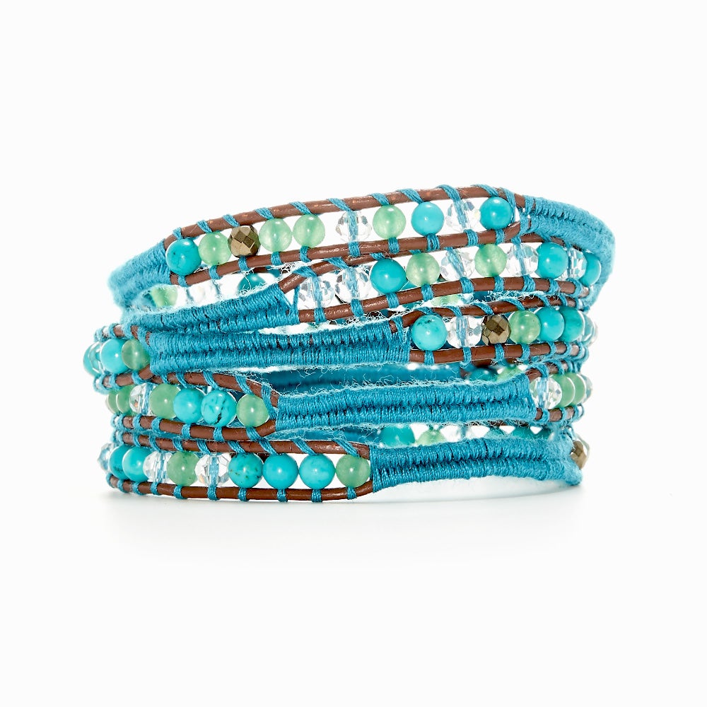 Chen Rai Woven Turquoise Cord with Mixed Gemstones Wrap Bracelet