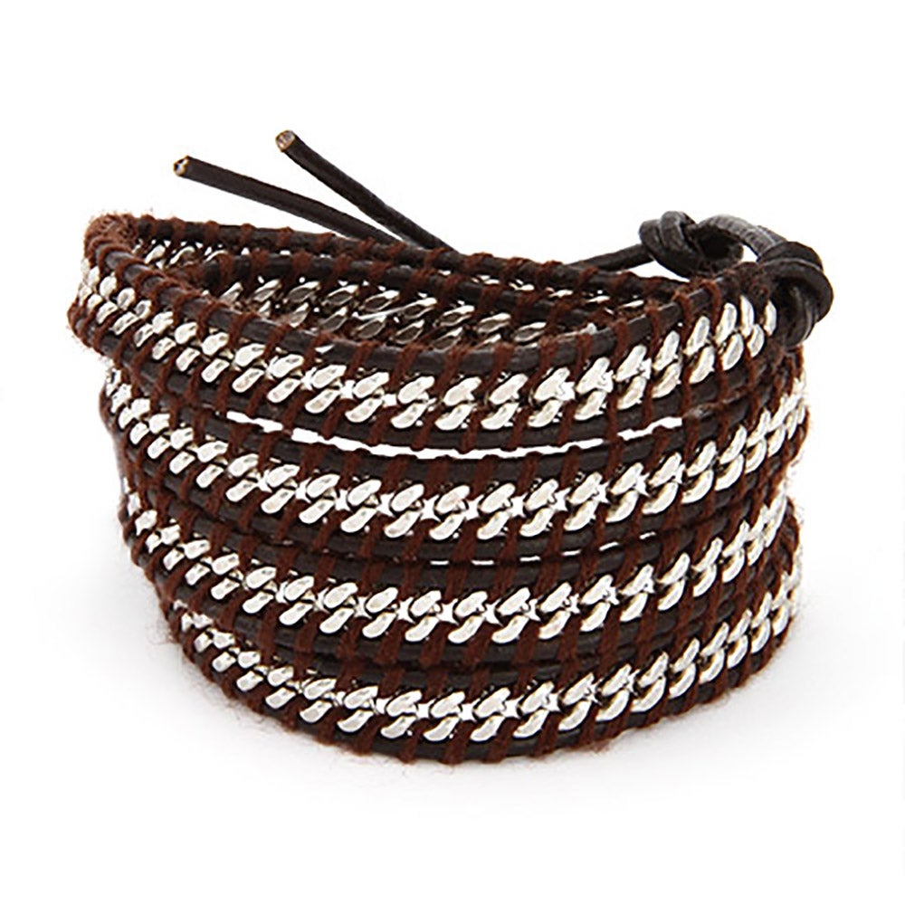 Chen Rai Curb Chain Inlay Brown Leather Wrap Bracelet