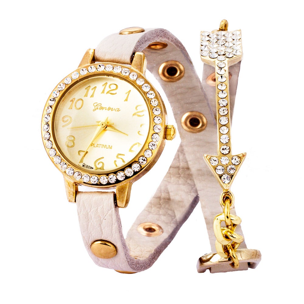 Cream and Gold Studded CZ Arrow Wrap Watch - Clearance Final Sale