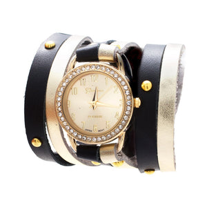 Black and Gold Leather Studded Wrap Watch - Clearance Final Sale
