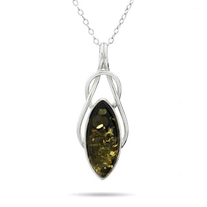 Celtic Marquise Cut Green Baltic Amber Sterling Silver Pendant