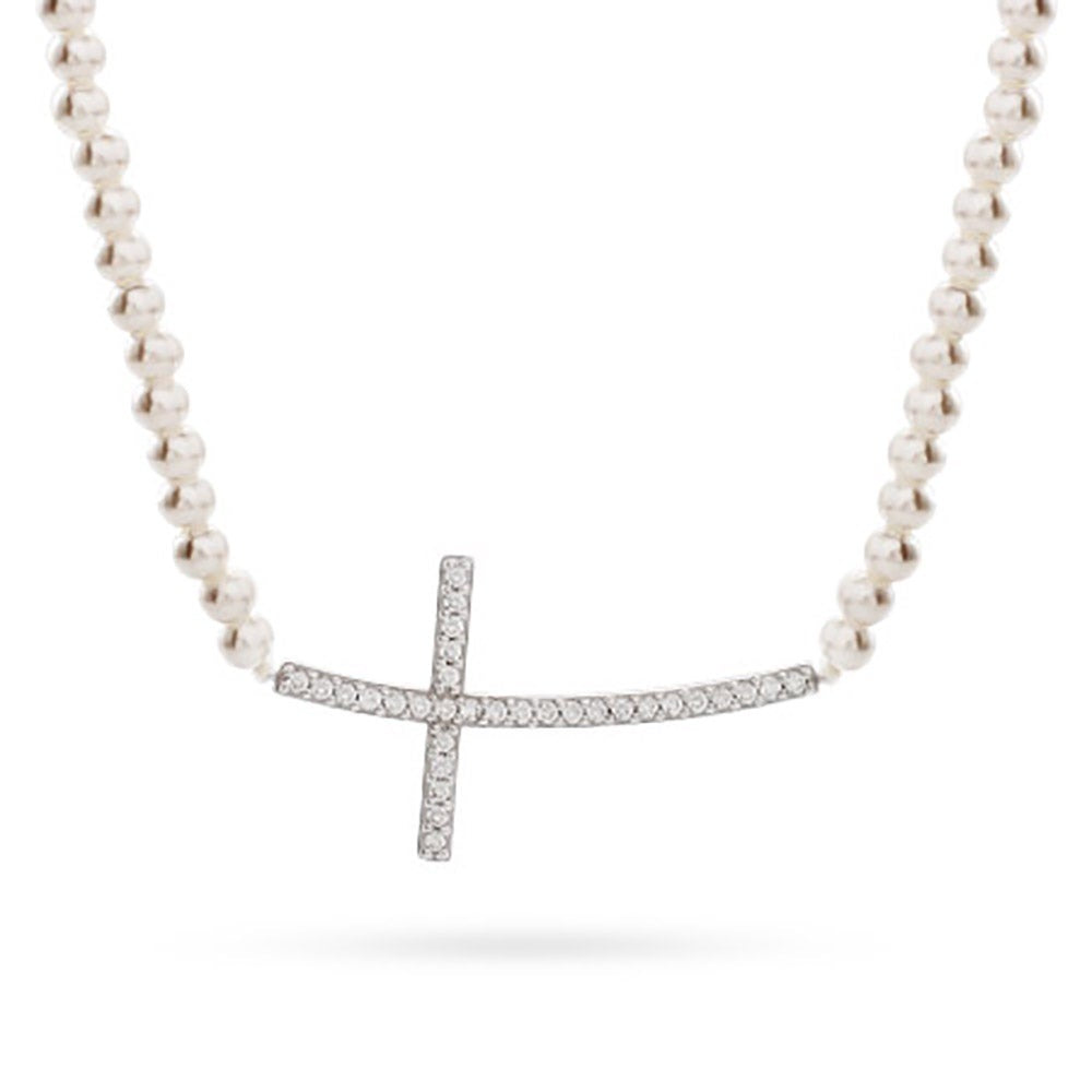 Sterling Silver Pearl CZ Sideways Cross Necklace - Clearance Final Sale