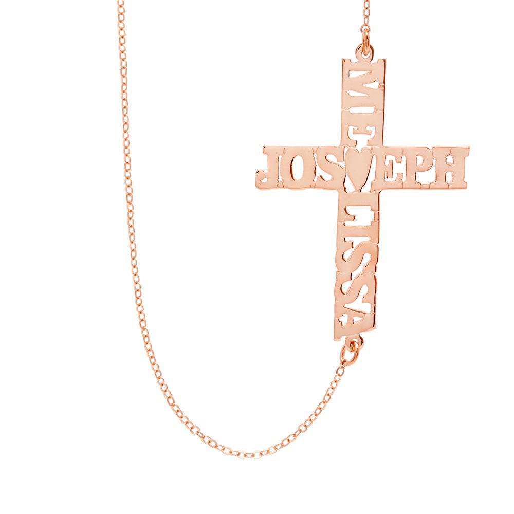 Custom Rose Gold Sideways Couples Name Cross Necklace